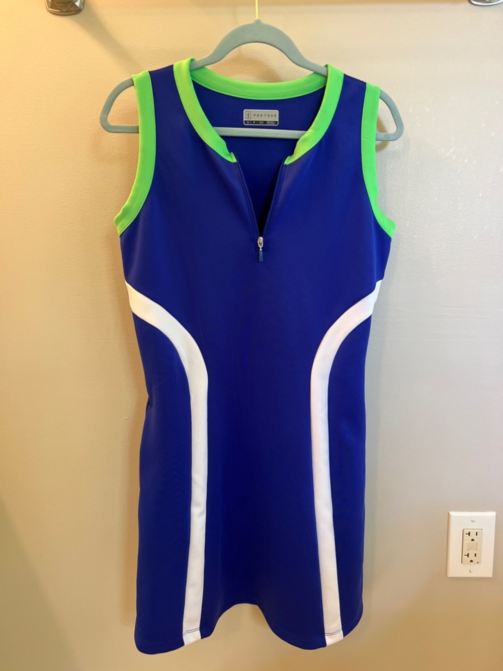 PGA Tour Golf Dress Blue Athletic Dress with Neon Green Trim and White Panels
